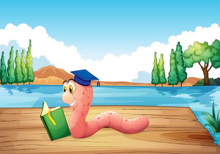 Um verme lendo um livro perto da lagoa vetor
