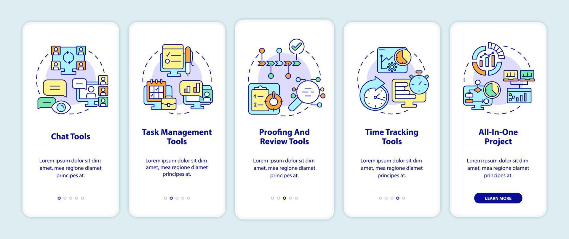 tipos de ferramentas de negócios integrando a tela do aplicativo móvel. bate-papo e acompanhamento de tempo passo a passo 5 passos páginas de instruções gráficas com conceitos lineares. ui, ux, modelo de gui. uma miríade de fontes regulares pró-negrito usadas vetor