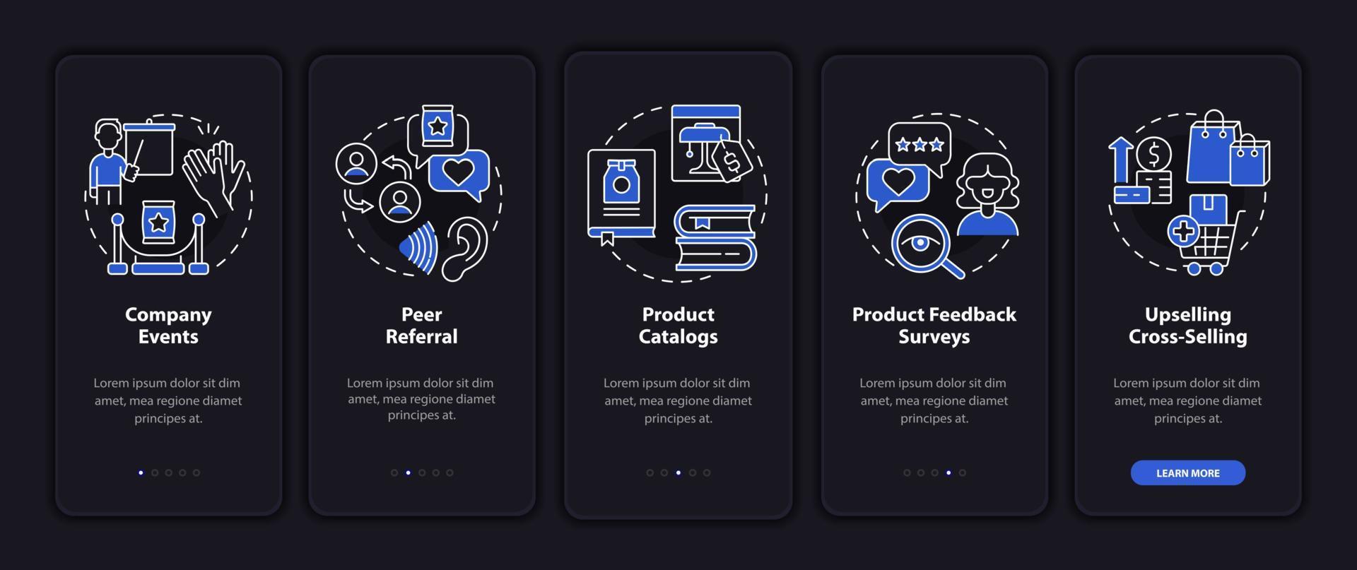 pontos de contato do cliente na tela do aplicativo móvel de integração do modo noturno. passo a passo 5 passos páginas de instruções gráficas com conceitos lineares. ui, ux, modelo de gui. inúmeras fontes pró-negrito e regulares usadas vetor