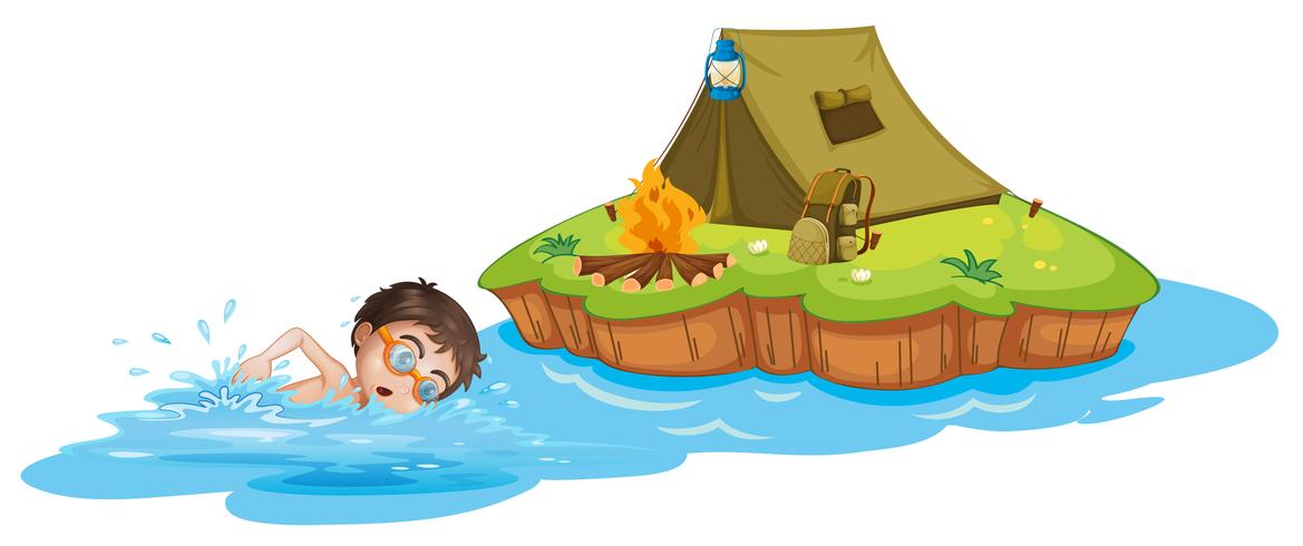 Um menino nadando indo para a barraca de acampamento vetor