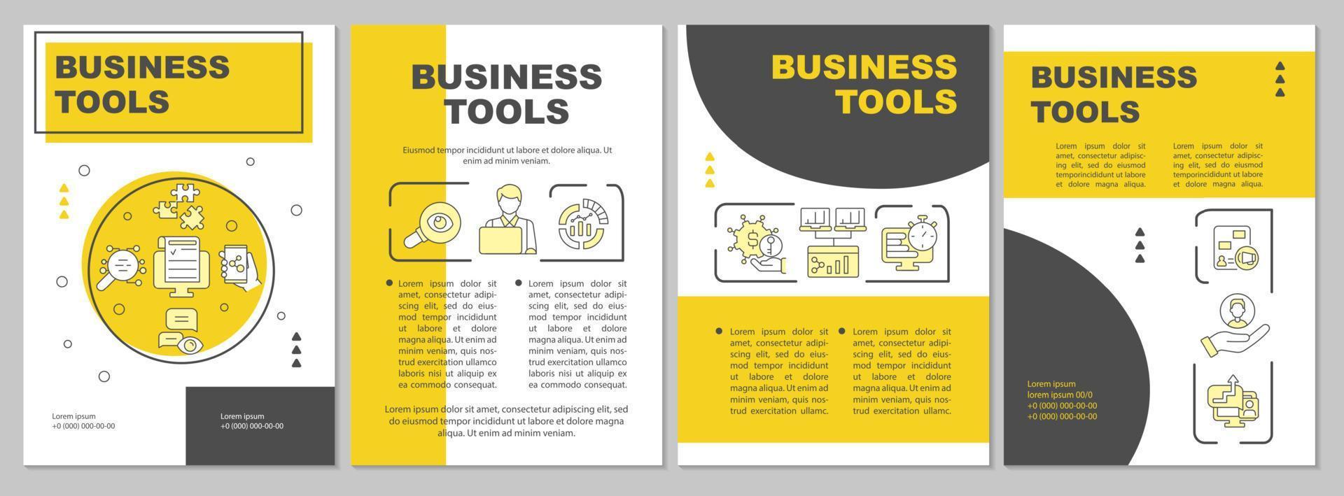 ferramentas de negócios para o modelo de folheto amarelo de empresários. design de impressão de livreto com ícones lineares. layouts vetoriais para apresentação, relatórios anuais, anúncios. arial-black, inúmeras fontes pró-regulares usadas vetor