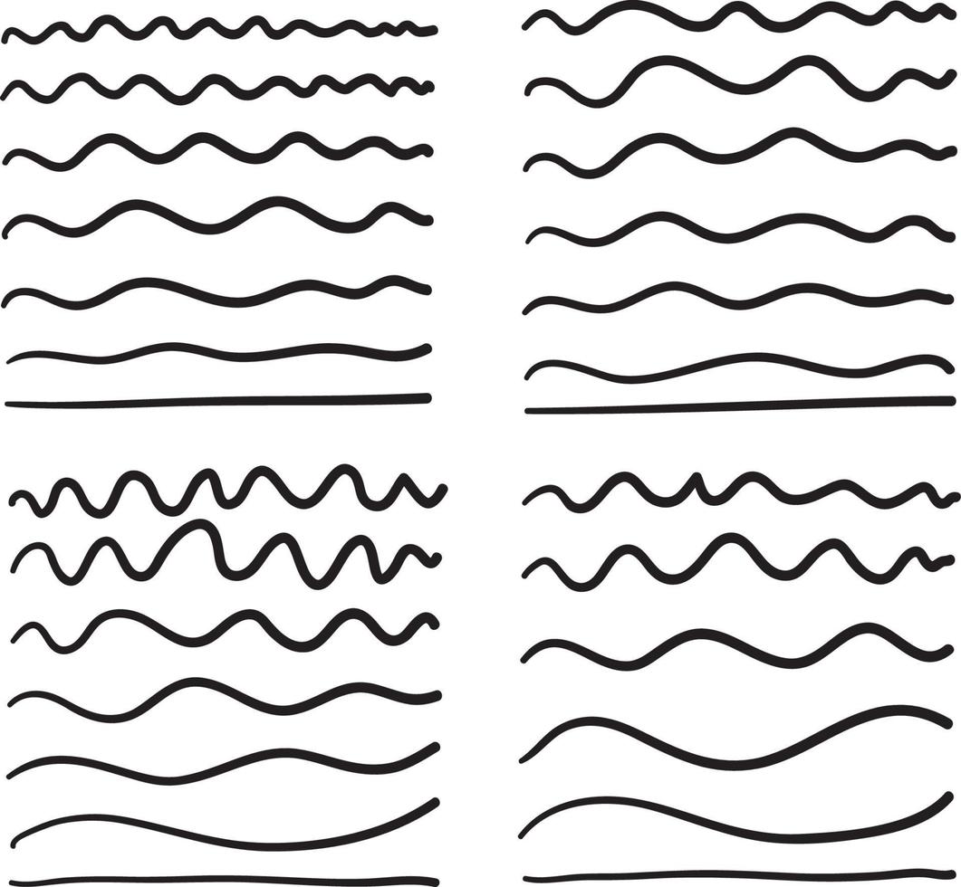 linha de onda desenhada à mão e linhas de padrão em ziguezague onduladas. sublinhados pretos vetoriais, rabiscos curvos horizontais ondulados de extremidade suave isolados vetor