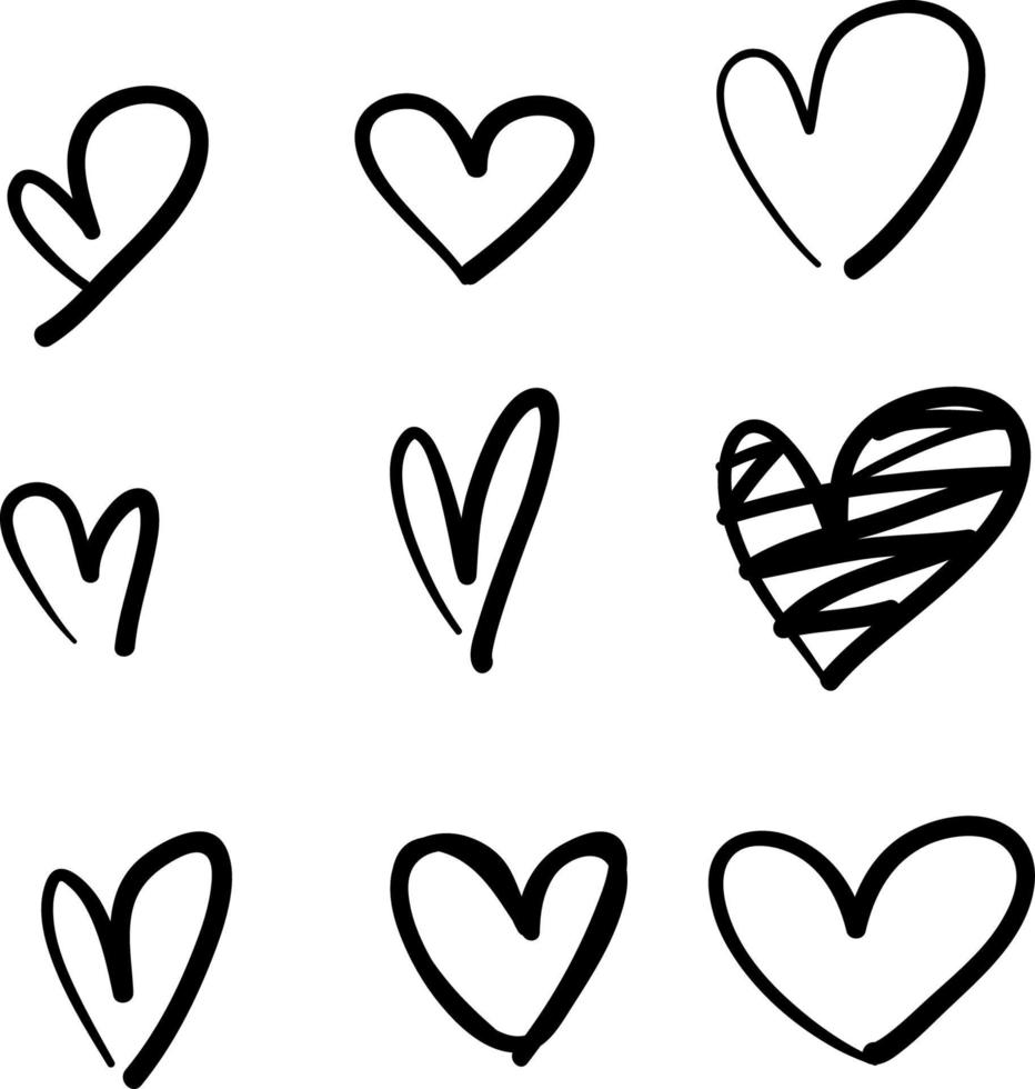 conjunto de coleção de rabiscos de corações de rabisco desenhados à mão isolados no fundo branco vetor