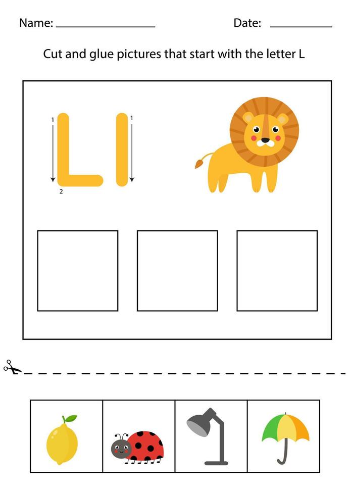 reconhecimento de letras para crianças. corte e cole. letra l. vetor