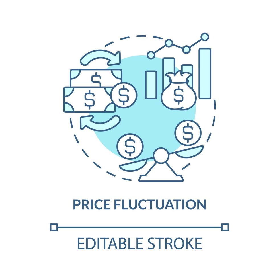 ícone de conceito azul turquesa de flutuação de preço. preços das ações internacionais ilustração de linha fina idéia abstrata. desenho de contorno isolado. traço editável. roboto-medium, inúmeras fontes pró-negrito usadas vetor