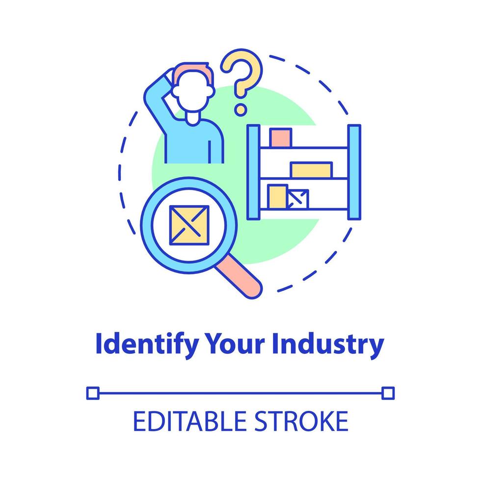 identifique o ícone do seu conceito de indústria. escolhendo o produto para venda. tipos de negócios de distribuição abstrata idéia ilustração de linha fina. desenho de cor de contorno isolado de vetor. traço editável vetor