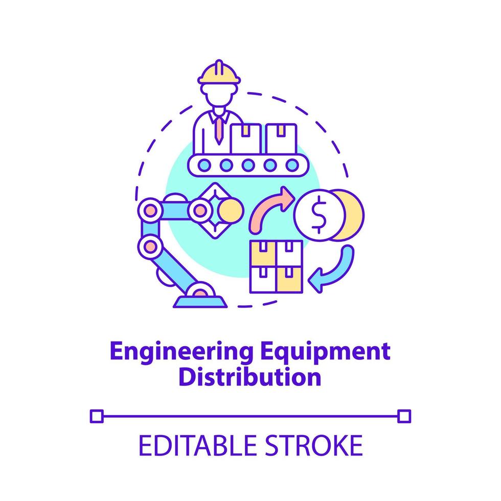 ícone do conceito de distribuição de equipamentos de engenharia. suprimentos para canteiro de obras no atacado. negociando ilustração de linha fina de idéia abstrata de negócios. desenho de cor de contorno isolado de vetor. traço editável vetor