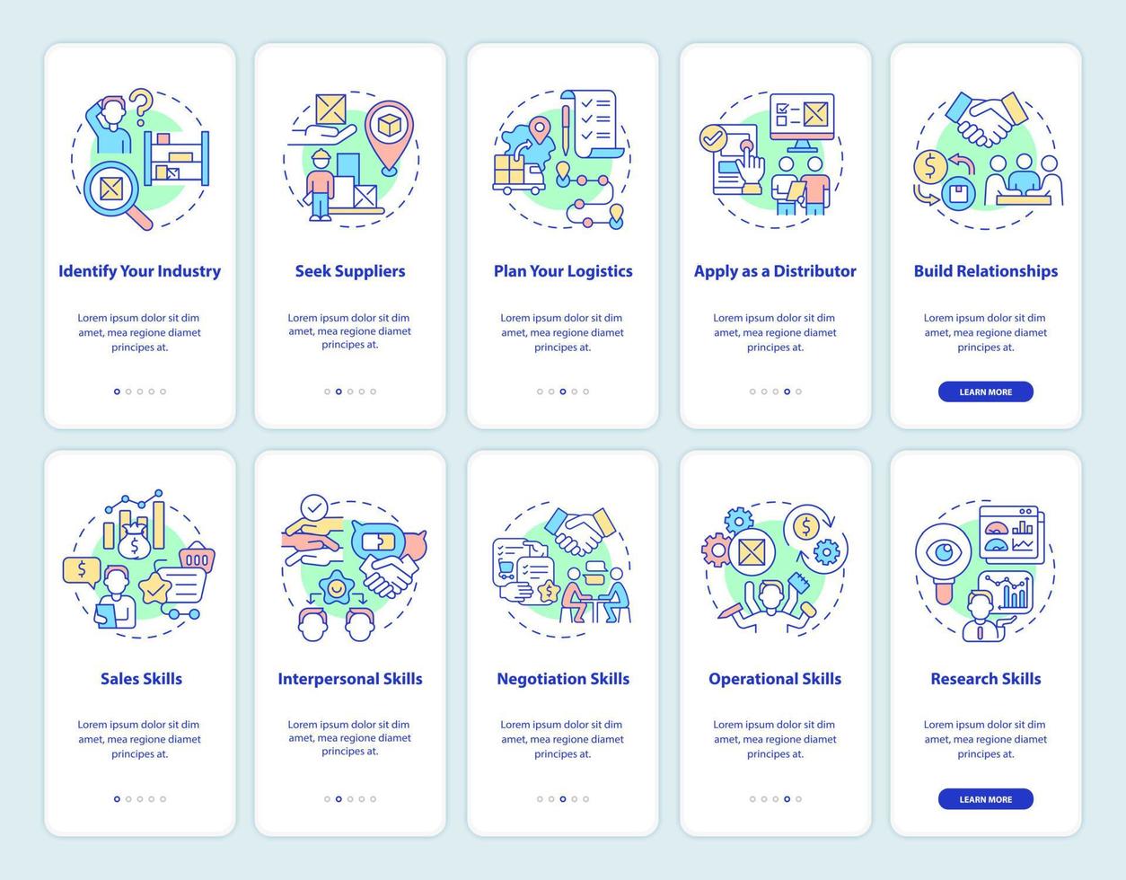 iniciando o conjunto de telas de páginas de aplicativos móveis de integração de negócios de distribuição. estratégia passo a passo 5 passos instruções gráficas com conceitos. modelo de vetor ui, ux, gui com ilustrações coloridas lineares