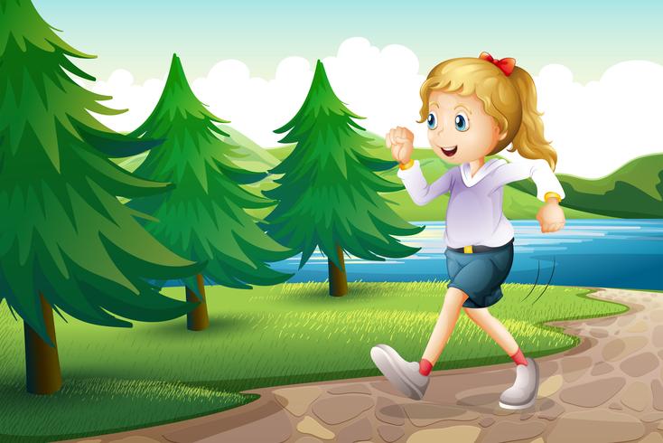 Uma menina correndo perto dos pinheiros na margem do rio vetor