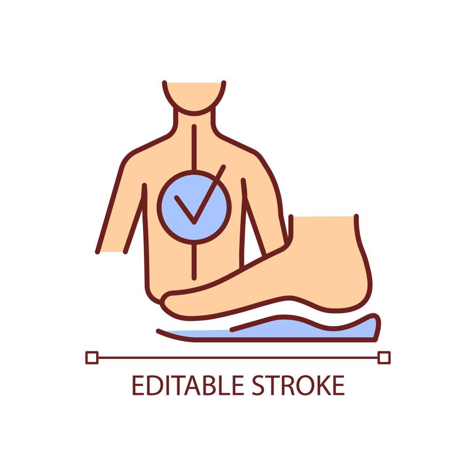 ícone de cor rgb de órteses. órteses para os pés. almofada do pé. prevenção de escoliose e alívio da dor. correção de problemas posturais. ilustração vetorial isolado. desenho de linha preenchido simples. traço editável vetor