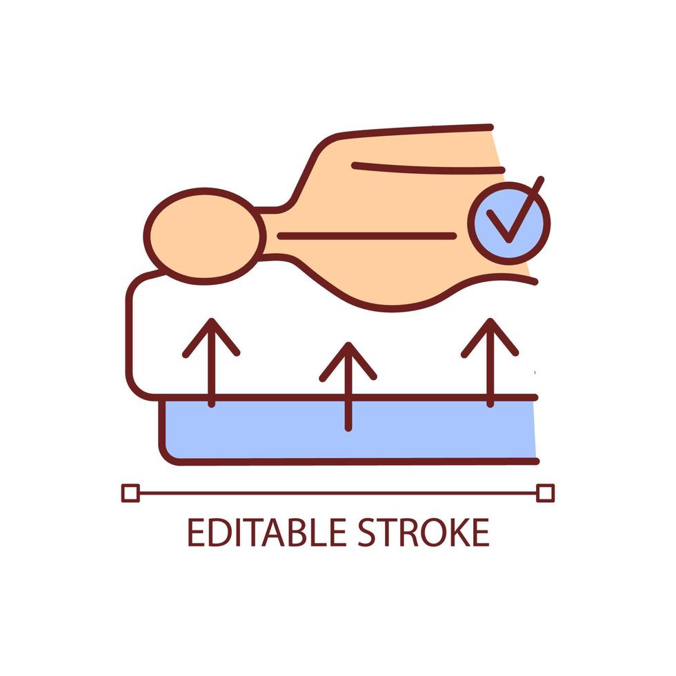 ícone de cor rgb do colchão da coluna. colchão ortopédico. prevenção de dores nas costas e problemas de postura. alinhamento correto da coluna. ilustração vetorial isolado. desenho de linha preenchido simples. traço editável vetor