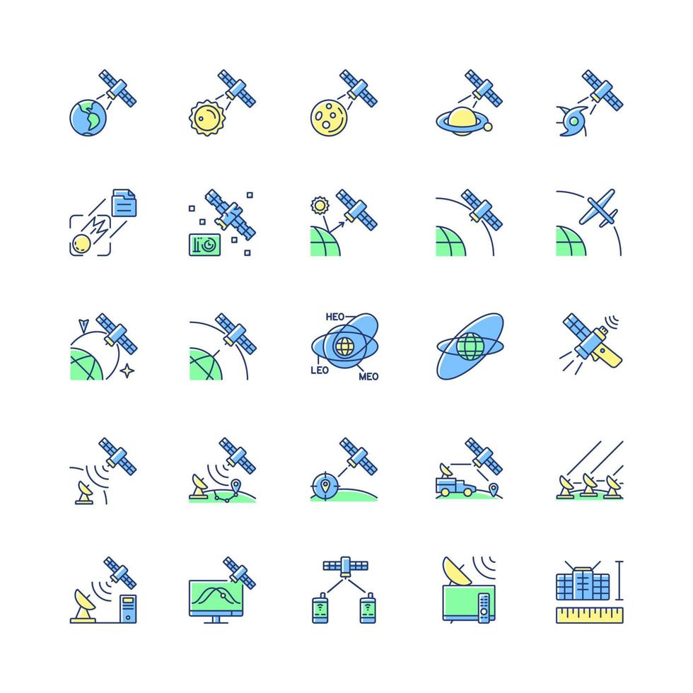 tipos de satélites conjunto de ícones de cor verde, azul rgb. observação de corpos celestes, sistema de exploração. rede de telecomunicações. ilustrações vetoriais isoladas. coleção de desenhos de linha cheia simples vetor