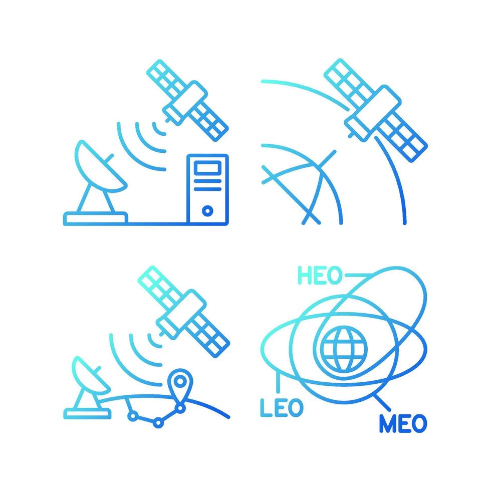 conjunto de ícones de vetor linear gradiente de radionavegação por satélite. padrões de protocolo de controle de transmissão. órbitas de satélites. pacote de símbolos de contorno de linha fina. coleção de ilustrações de contorno isolado