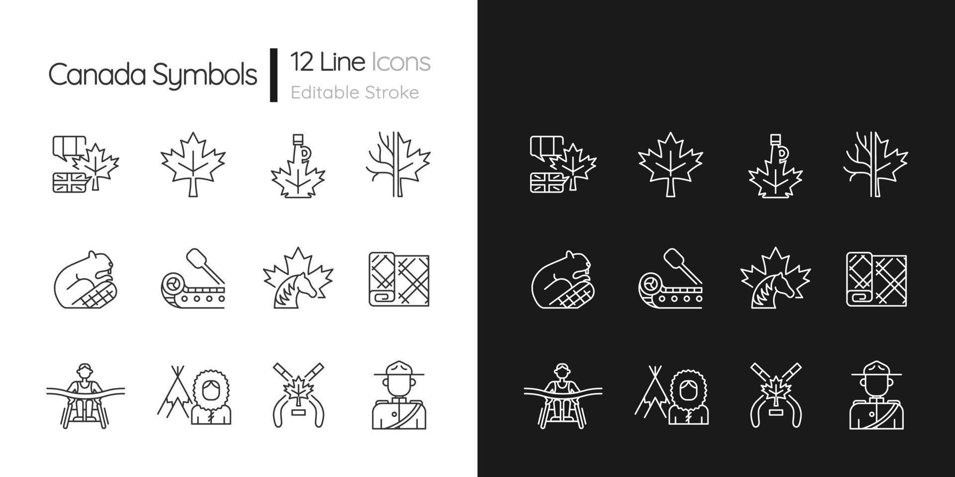 símbolos canadenses ícones lineares definidos para o modo escuro e claro. emblema oficial canadense. castor norte-americano. símbolos de linha fina personalizáveis. ilustrações de contorno de vetor isolado. traço editável