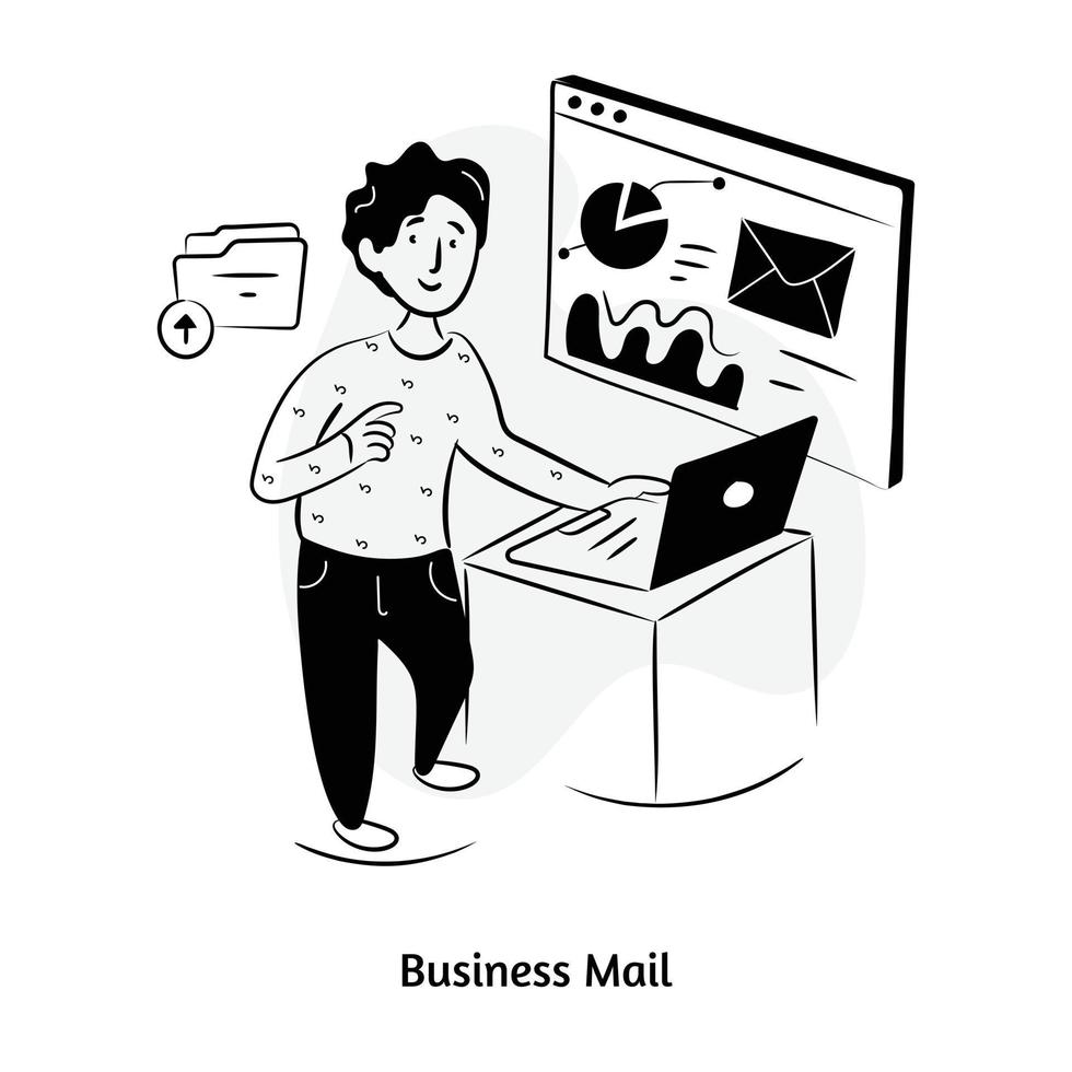 análise de dados de negócios on-line, ilustração desenhada à mão de correio comercial vetor