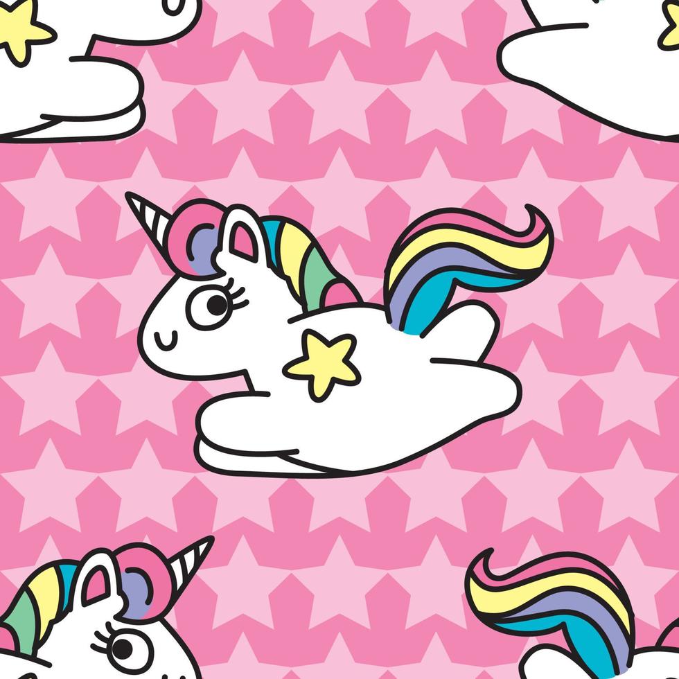 unicórnio, estrela bonito estilo vector sem costura pattern.cartoon pastel em fundo rosa. menina ou bebê elementos coloridos decorativos bonitos. gráfico de ilustração desenhada à mão para impressão, papel de parede, têxtil.