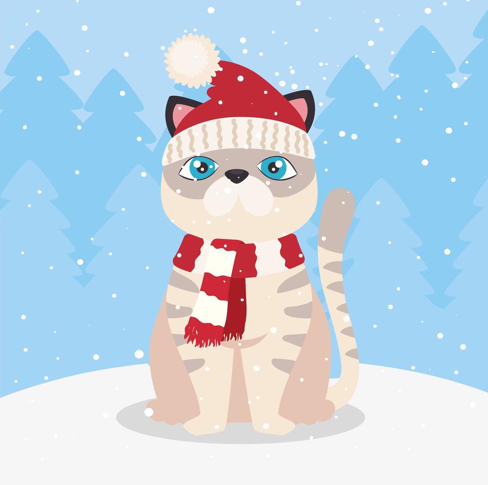 gato fofo na neve vetor