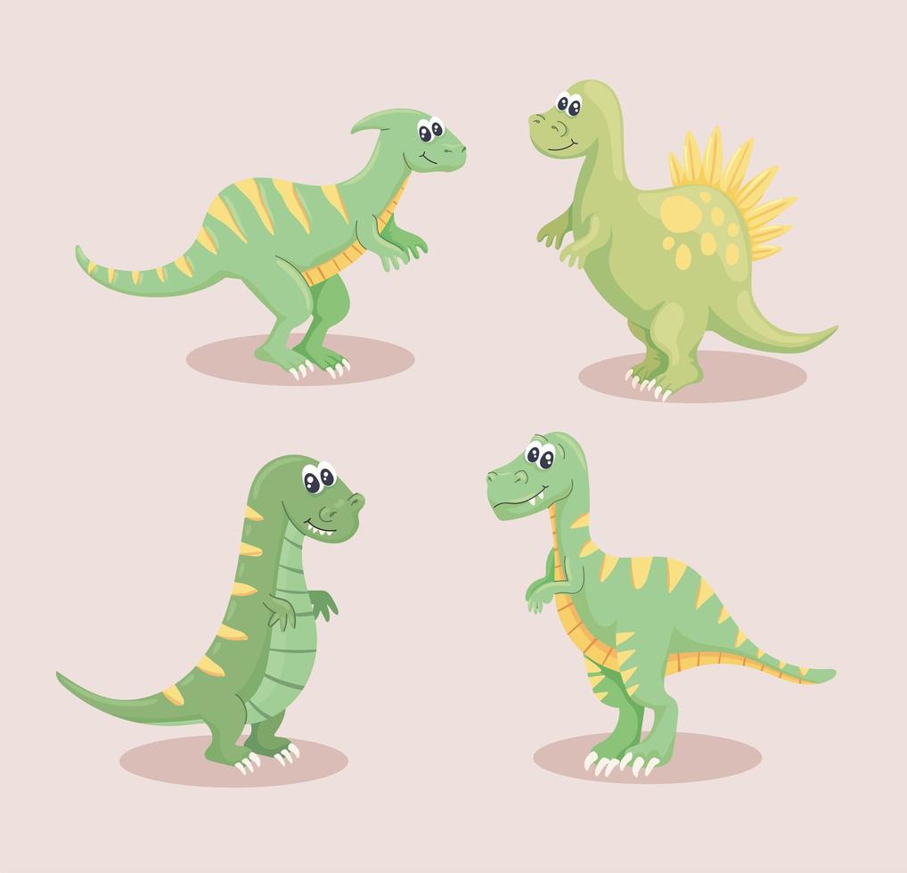 quatro ícones de dinossauros fofos vetor