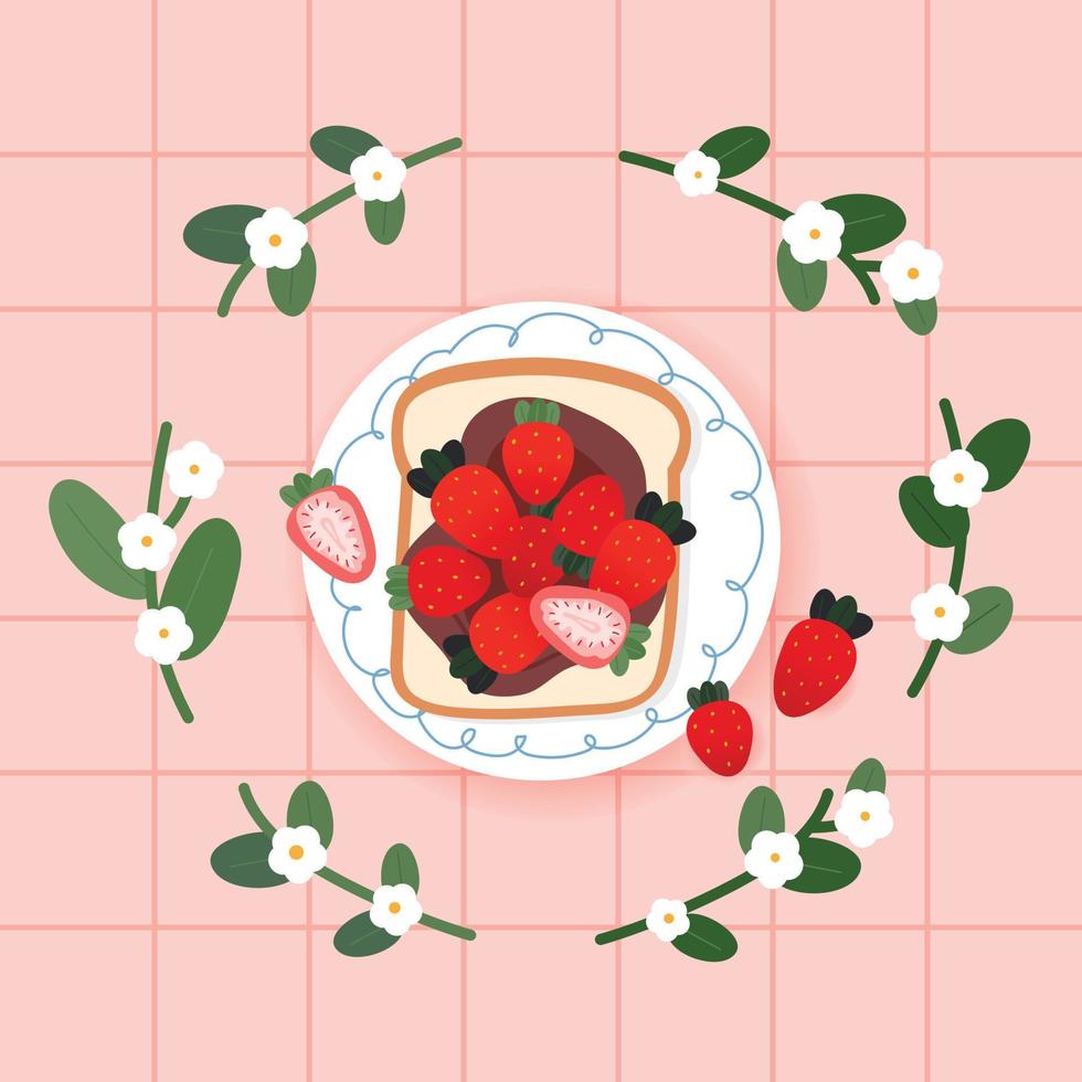 um prato de pão é colocado em uma toalha de mesa rosa. morangos estão em cima do pão. flores são decoradas ao redor do prato. ilustração em vetor estilo design plano.