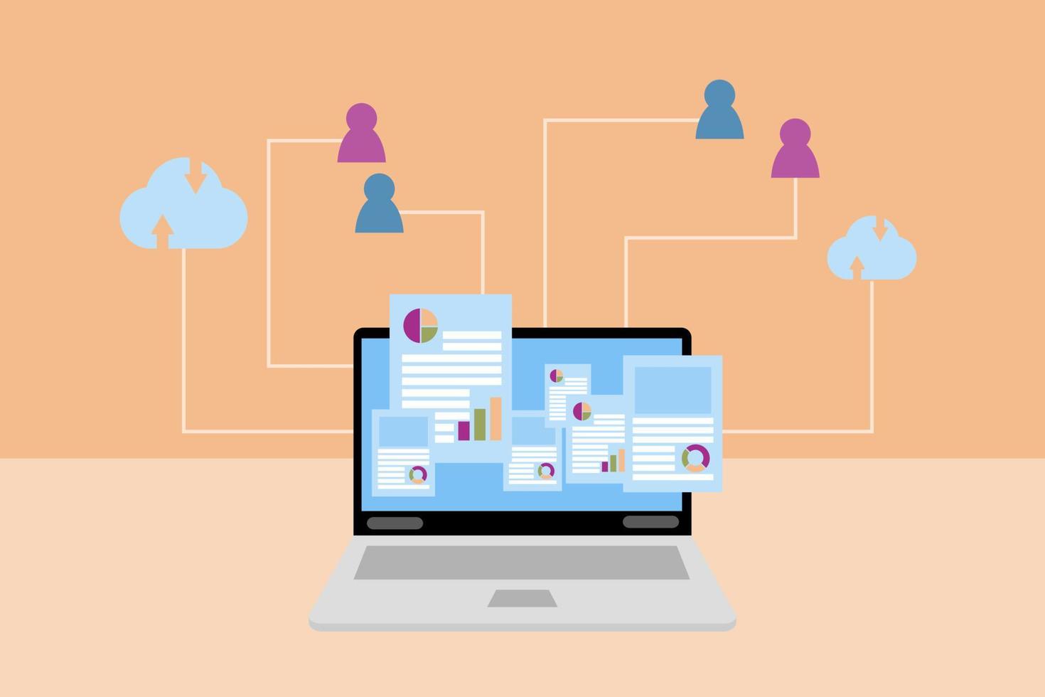 conceito de webinar ou e-learning. ícone de dados de armazenamento de laptop e nuvem, ícone de pessoa rosa e azul em fundo laranja. conexão com a internet para reuniões e estudos online. trabalhar e estudar em casa. vetor