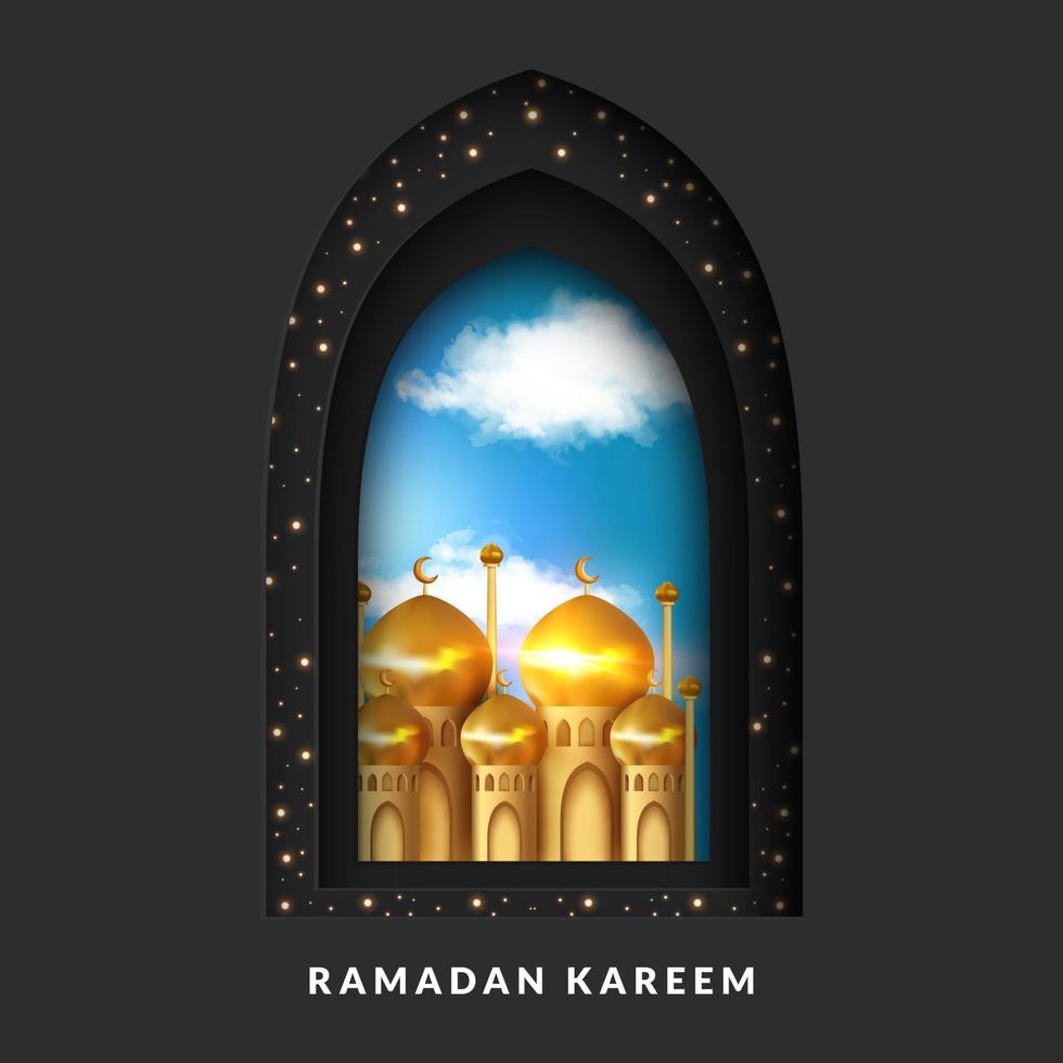 cartão de saudação ramadan kareem com janela árabe e design de mesquita vetor