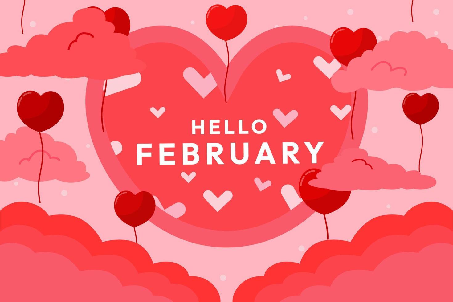 Olá festivo design vetorial de fevereiro com nuvens e balões de amor vetor