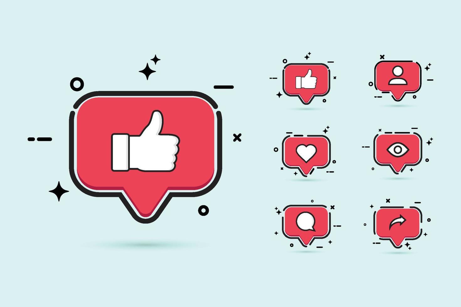botão de mídia social definido com cor vermelha. botão social com o ícone de curtir, amar, comentar, visualizar, compartilhar e seguir. coleção de botões lisos de cor vermelha elegante para postagens de mídia social. vetor