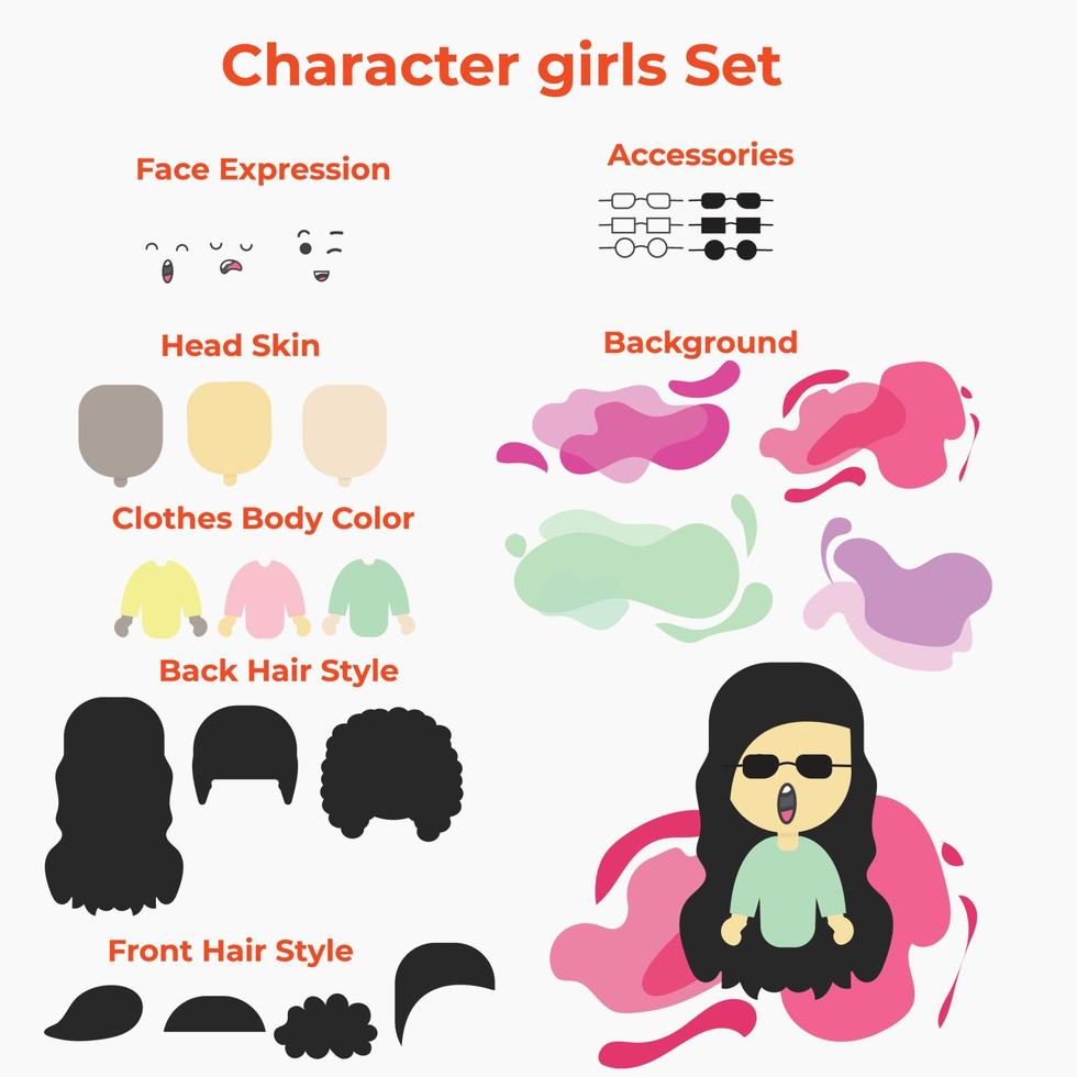 design vetorial do conjunto de caracteres de criação de garotas para construir seu próprio avatar vetor