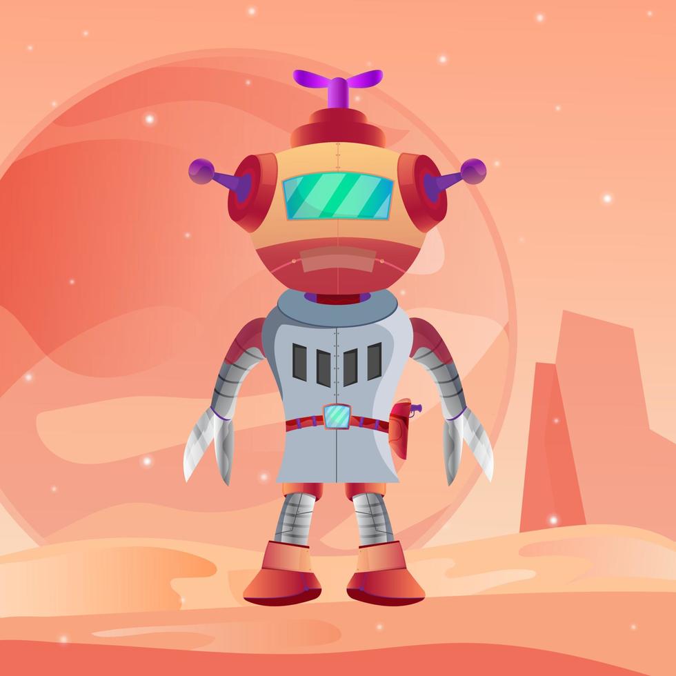 design de personagem de robô fofo com fundo de planeta marte vetor