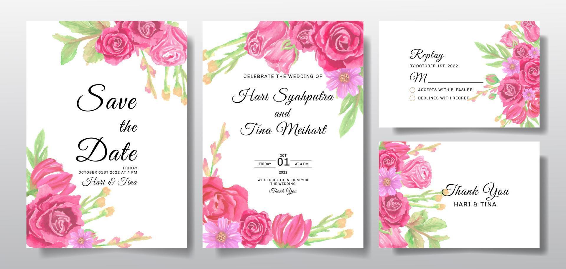 cartão de convite de casamento com flor aquarela rosa ou folhas vetor