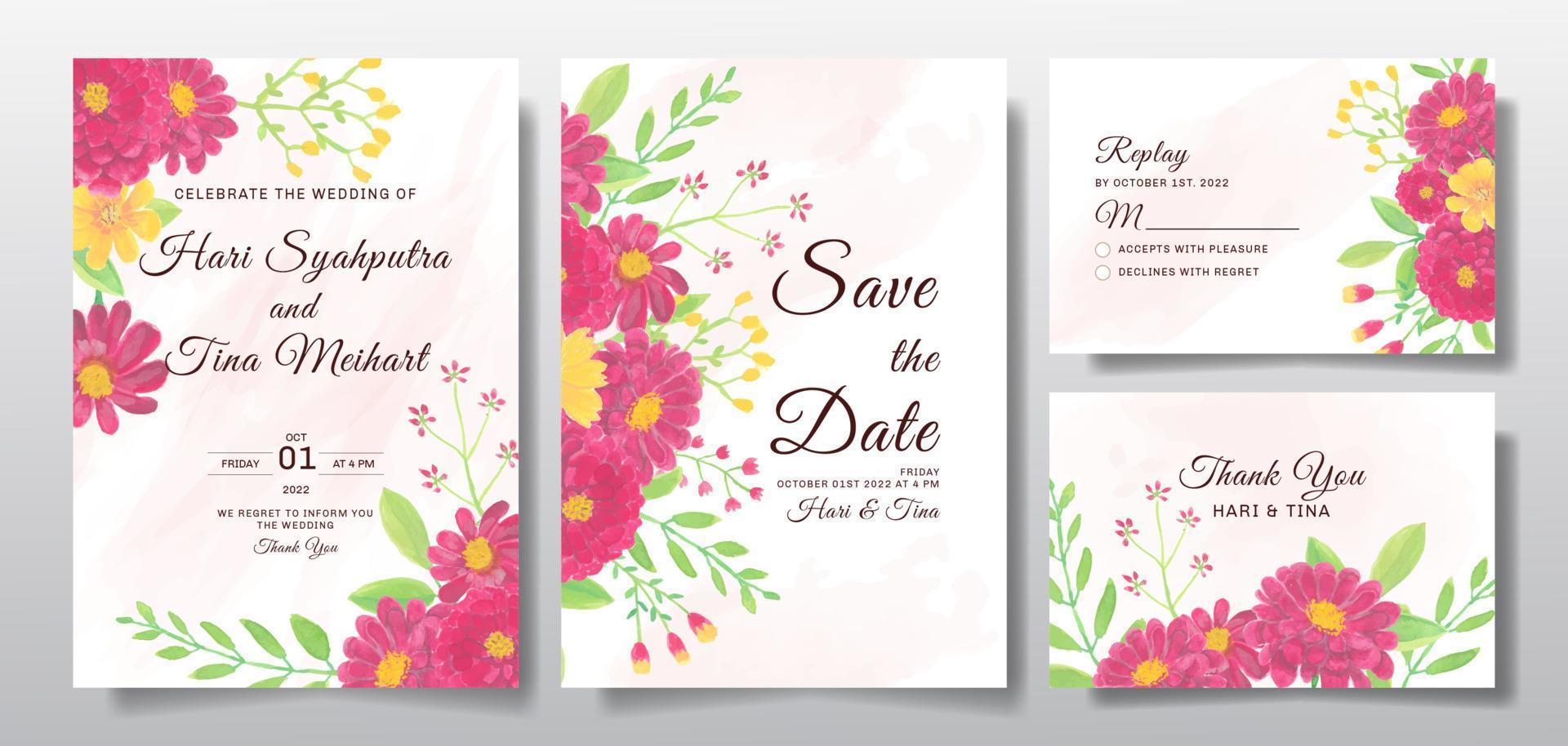 cartão de convite de casamento com flor vermelha aquarela ou folhas vetor