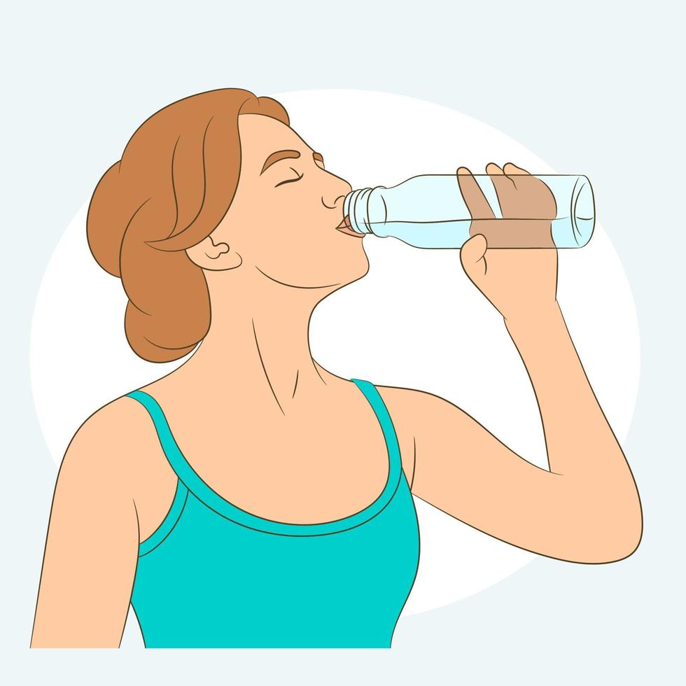 mulher bebe a garrafa de água após a rotina de fitness. vetor