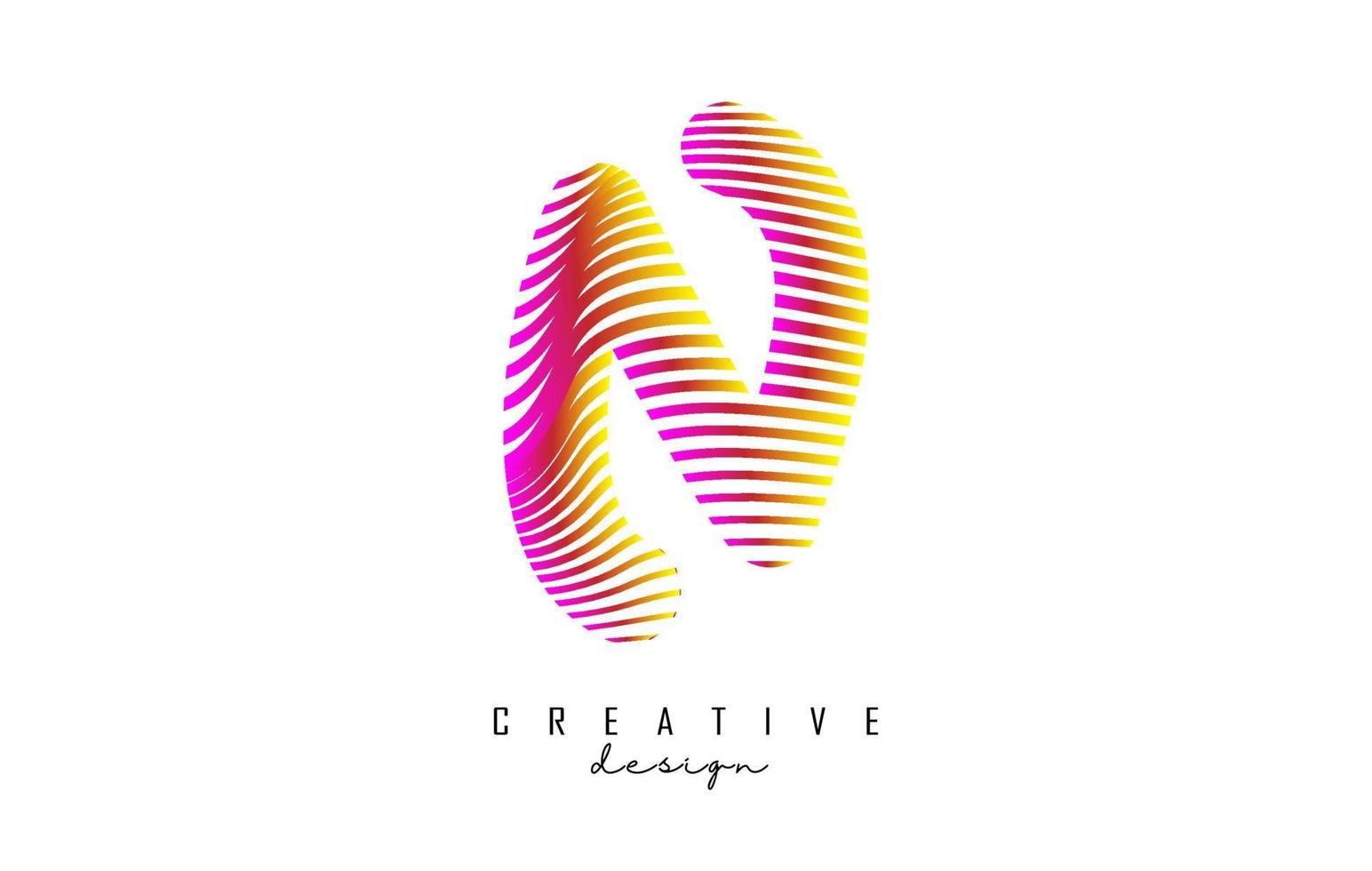 letra n logotipo com linhas torcidas coloridas vibrantes. ilustração vetorial criativa com zebra, linhas de padrão de impressão digital. vetor