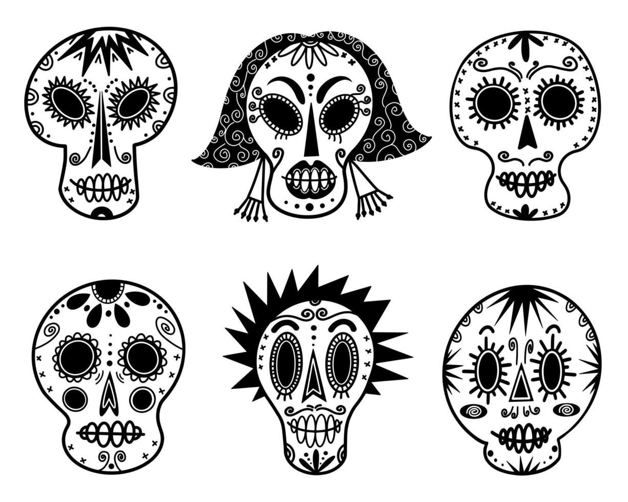 conjunto de vetores de crânios de açúcar branco. ilustração desenhada à mão isolada no fundo branco. um esboço de máscaras de férias para o dia dos mortos. rostos masculinos e femininos com um padrão. delineando os ossos