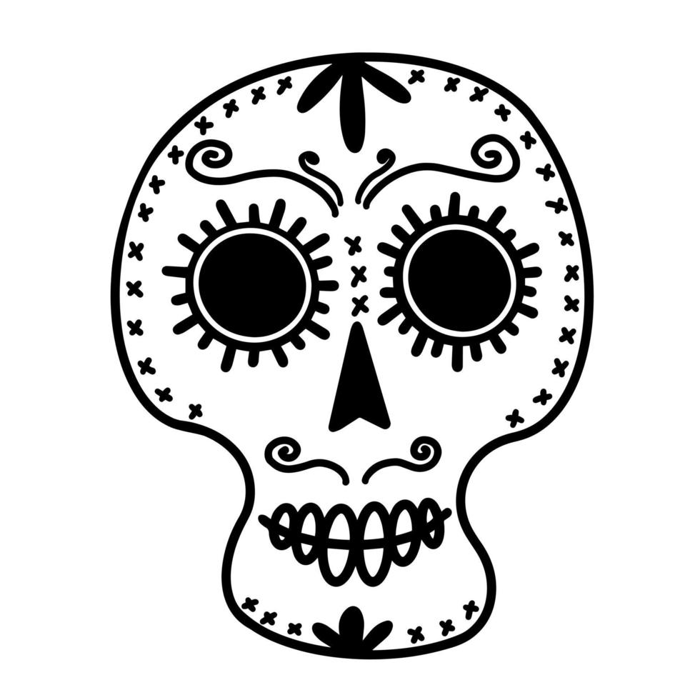ícone de vetor de crânio de açúcar branco. doodle desenhado de mão isolado no fundo branco. silhueta negra de uma cabeça ornamentada. esboço para o dia mexicano dos mortos. contorno de máscara festiva. monocromático.