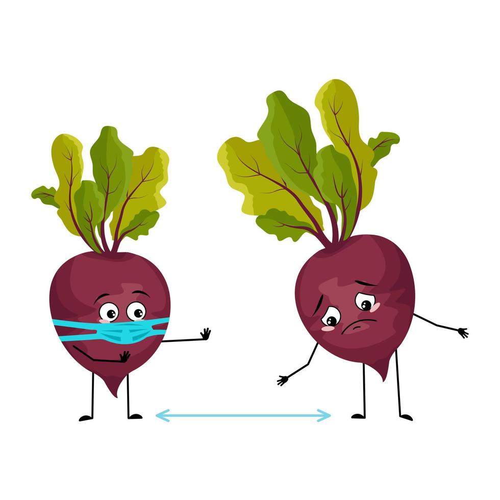 personagem de beterraba com emoções tristes, rosto e máscara mantém distância, braços e pernas. pessoa com expressão, emoticon vegetal. ilustração vetorial plana vetor