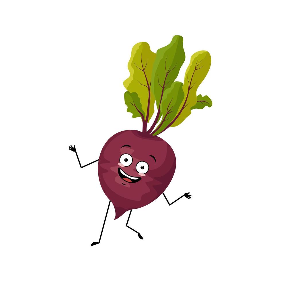 personagem de beterraba com emoção louca feliz dançando, rosto alegre, olhos de sorriso, braços e pernas. pessoa com expressão, emoticon vegetal. vetor plano