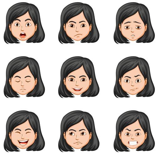 Mulher e diferentes expressões faciais vetor