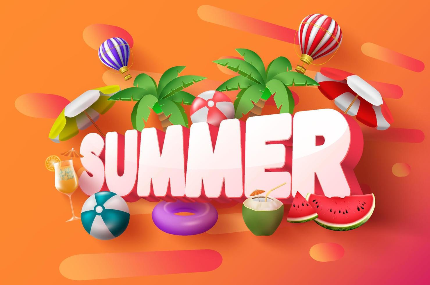 design de banner de vetor 3d de verão. texto 3d de verão com elementos tropicais como palmeira, balão de ar quente e guarda-chuva em fundo abstrato laranja para decoração de temporada de férias. ilustração vetorial