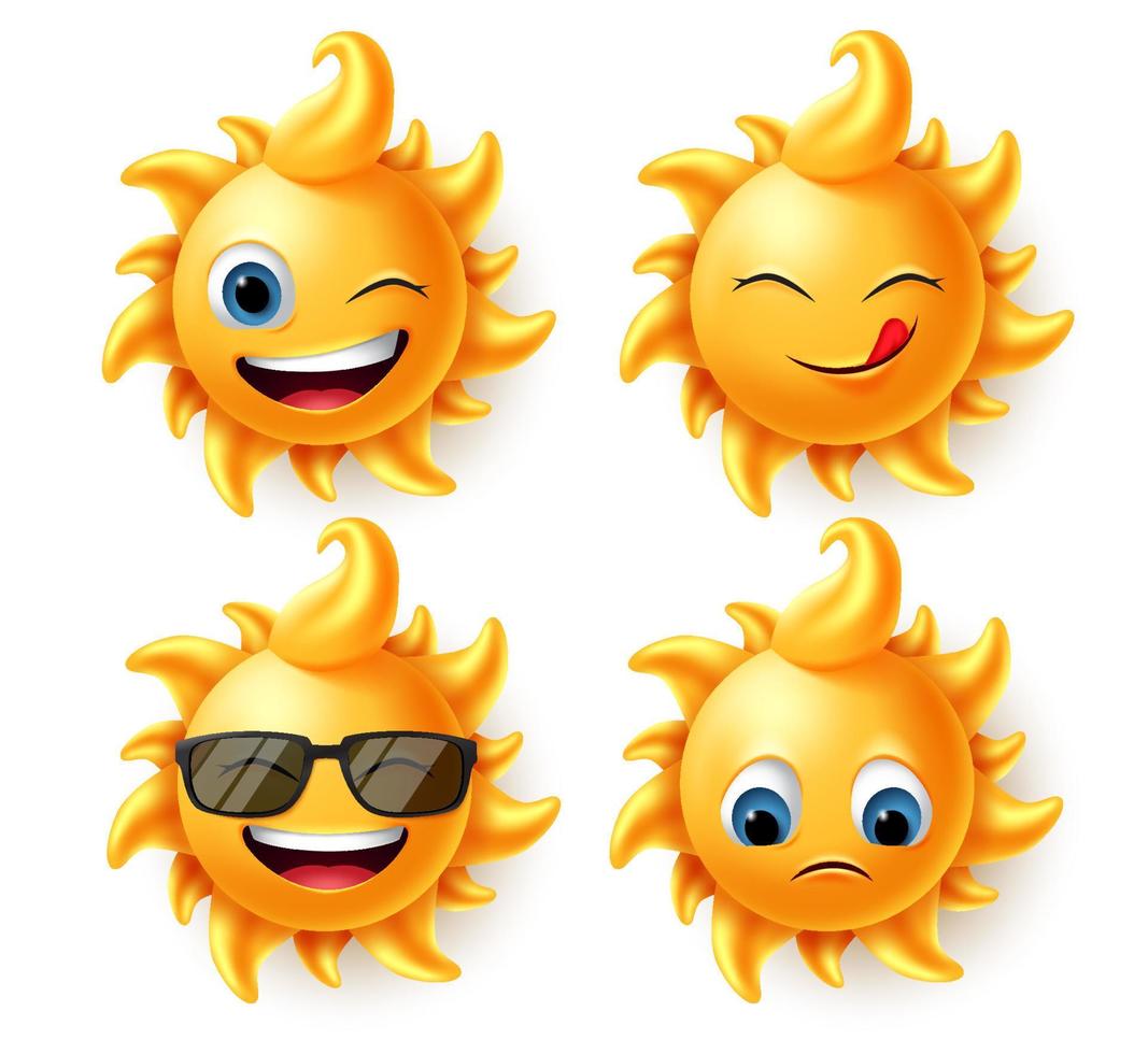 conjunto de vetores de caracteres de verão sol. personagens fofinhos do sol em design realista 3d com expressão diferente como rostos famintos, rindo, impertinentes e tristes isolados em fundo branco. ilustração vetorial.