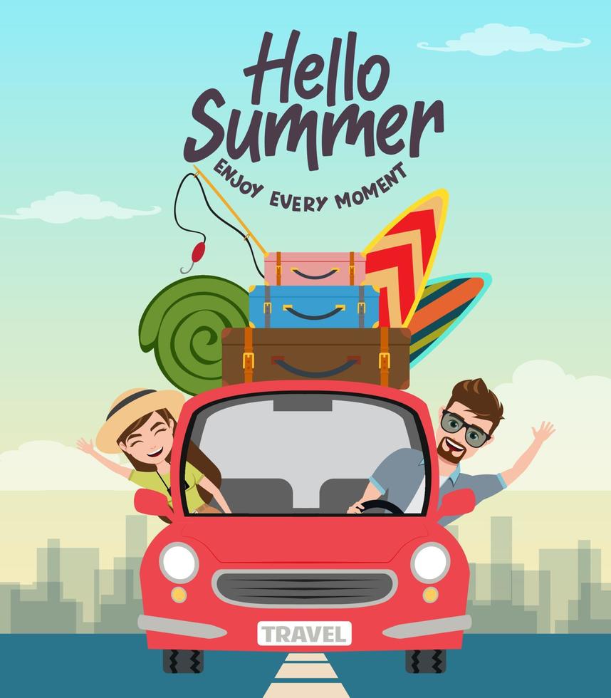 projeto de conceito de vetor de viagens de verão. Olá texto de verão com personagem viajante em carro com elemento de praia como prancha de surf, bagagem e vara de pescar para férias de férias. ilustração vetorial.