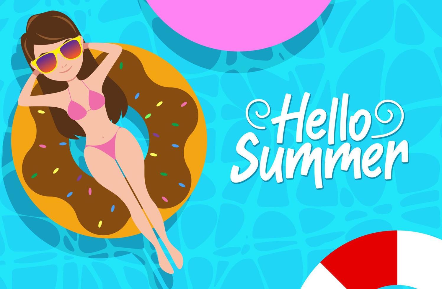 olá projeto de conceito de vetor de verão. Olá texto de verão com personagem feminina sexy vestindo roupa de biquíni flutuando na água com elementos de flutuador de donuts no design de fundo da piscina.