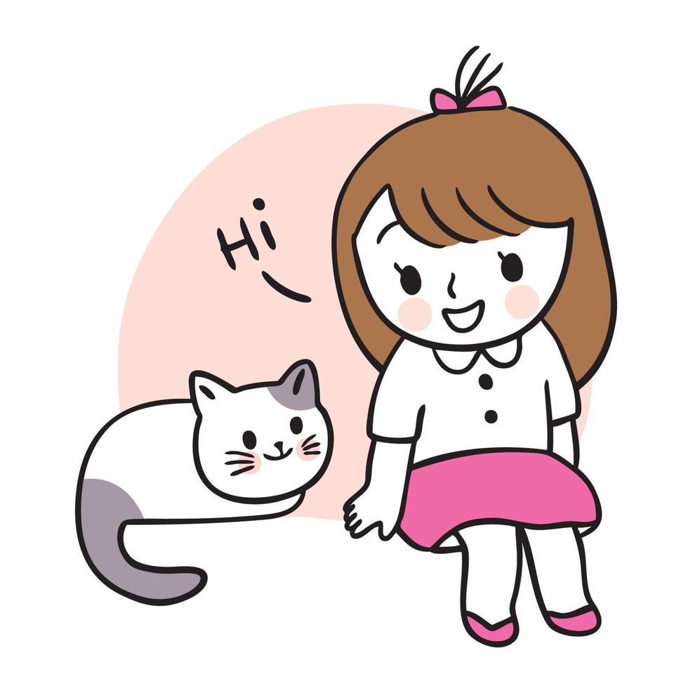 desenho animado linda garota e vetor de gato.