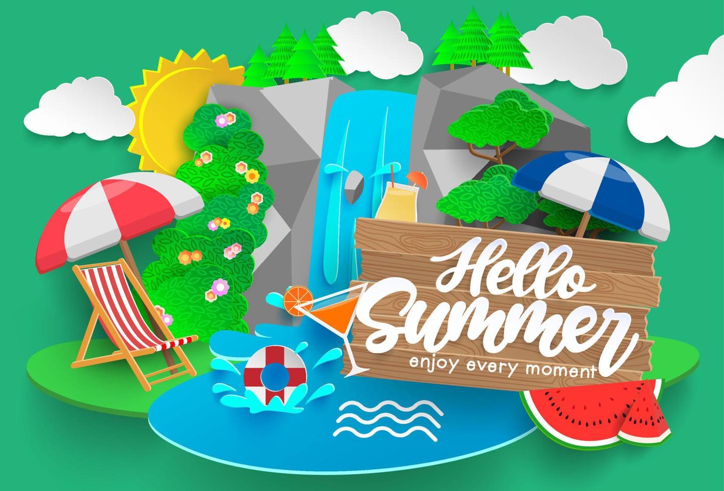 Olá design de banner de vetor de verão. Olá texto de verão em fundo de floresta de natureza de corte de papel com elementos de cachoeira, bebidas e cadeira para relaxar as férias de temporada tropical ao ar livre. ilustração vetorial