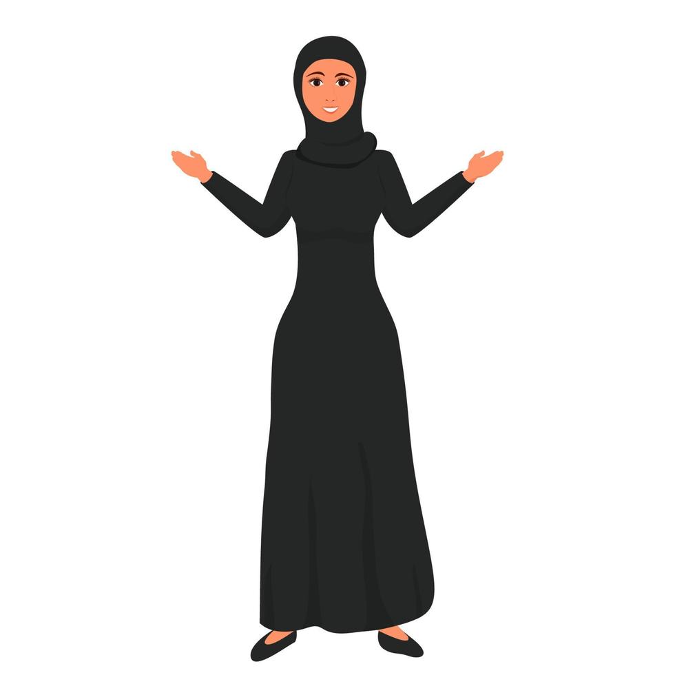 mulheres muçulmanas em comprimento total hijab sorrindo em vestido preto tradicional, étnico isolado no fundo branco. gesto feminino elegante, estilo cartoon, positivo. ilustração vetorial vetor