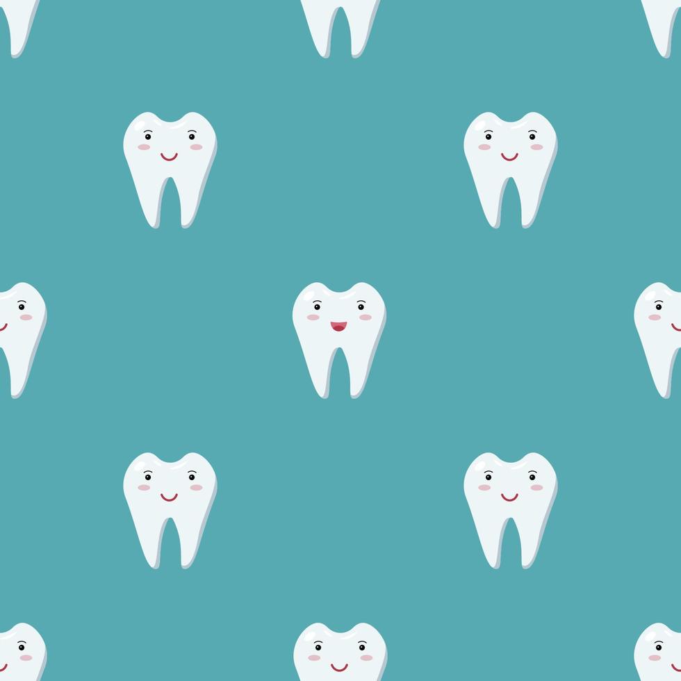 dentes brancos saudáveis felizes. padrão sem emenda dental. ilustração em vetor para crianças de dentes bonitos isolados em um fundo azul.