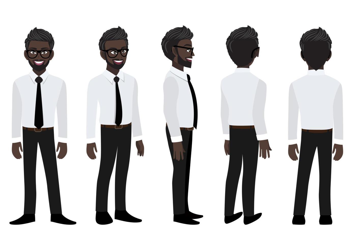 personagem de desenho animado com homem de negócios africano americano em uma camisa inteligente para animação. frente, lado, costas, 3-4 vista personagem animado. ilustração vetorial plana. vetor