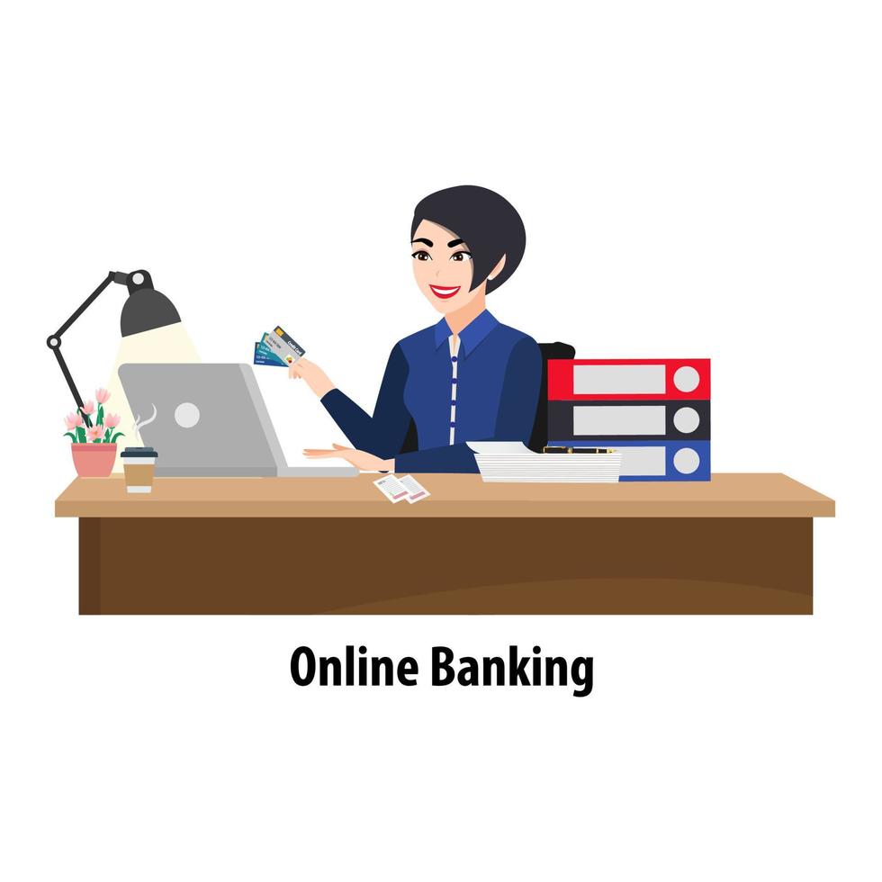 personagem de desenho animado com mulher pagando uma conta online em um laptop. funcionário do banco na mesa emitindo um cartão de crédito e pilhas de contas e papéis. ilustração em vetor ícone plano