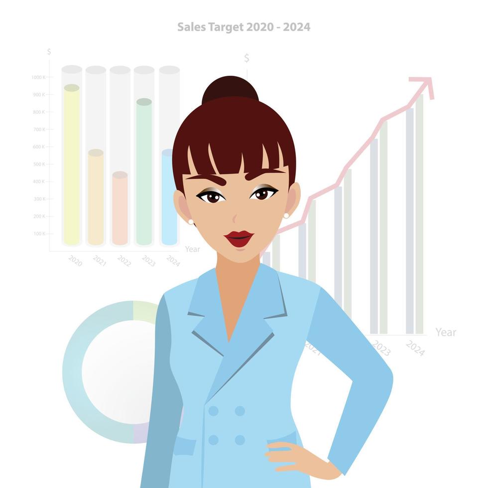 um personagem de desenho animado de mulher de negócios em um estilo de escritório de terno azul com vetor de fundo do gráfico