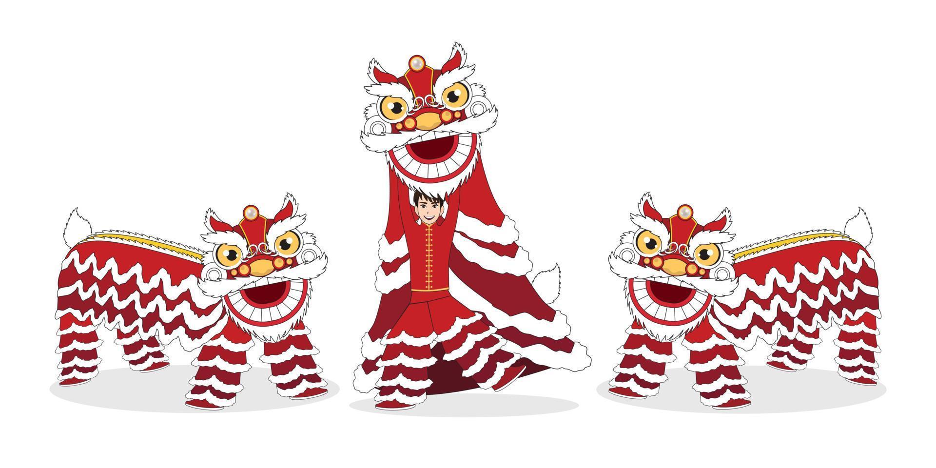 luta de dança do leão do ano novo lunar chinês isolada com design de personagem de desenho animado no vetor de fundo branco